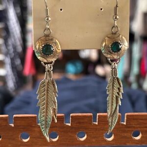 Sterling Silver Feather Dangle Earrings with Green Accent